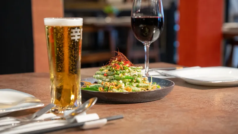 Tempura green beans with drinks, restaurant menu photo